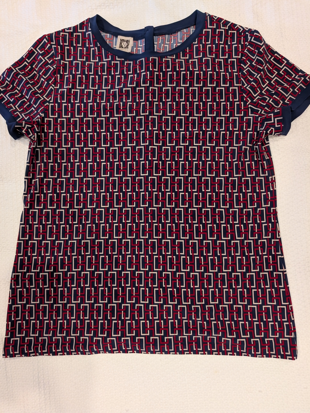 Anne Klein Navy & Red Geometric Short-Sleeve Blouse